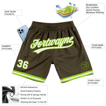 Personalized Olive White-Neon Green Authentic Throwback Salute To Service Basketball Shorts Team Custom Name and Number