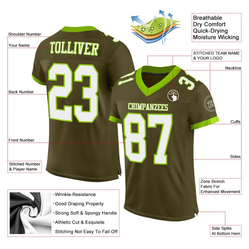 Personalized Olive White-Neon Green Mesh Authentic Salute To Service Football Jersey Team Custom Name and Number