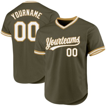 Personalized Olive White-Old Gold Authentic Throwback Salute To Service Baseball Jersey Team Custom Name and Number