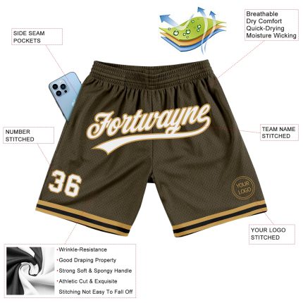 Personalized Olive White Old Gold-Black Authentic Throwback Salute To Service Basketball Shorts Team Custom Name and Number