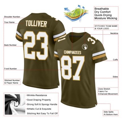 Personalized Olive White-Old Gold Mesh Authentic Salute To Service Football Jersey Team Custom Name and Number