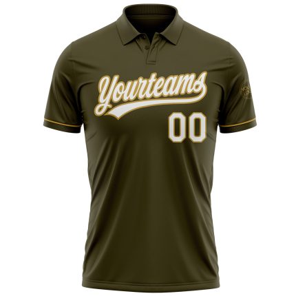 Personalized Olive White-Old Gold Performance Vapor Salute To Service Golf Polo Shirt Team Custom Name and Number