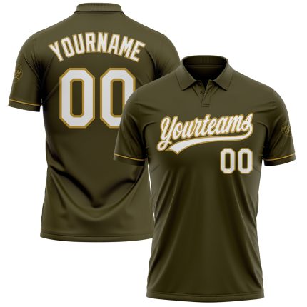 Personalized Olive White-Old Gold Performance Vapor Salute To Service Golf Polo Shirt Team Custom Name and Number