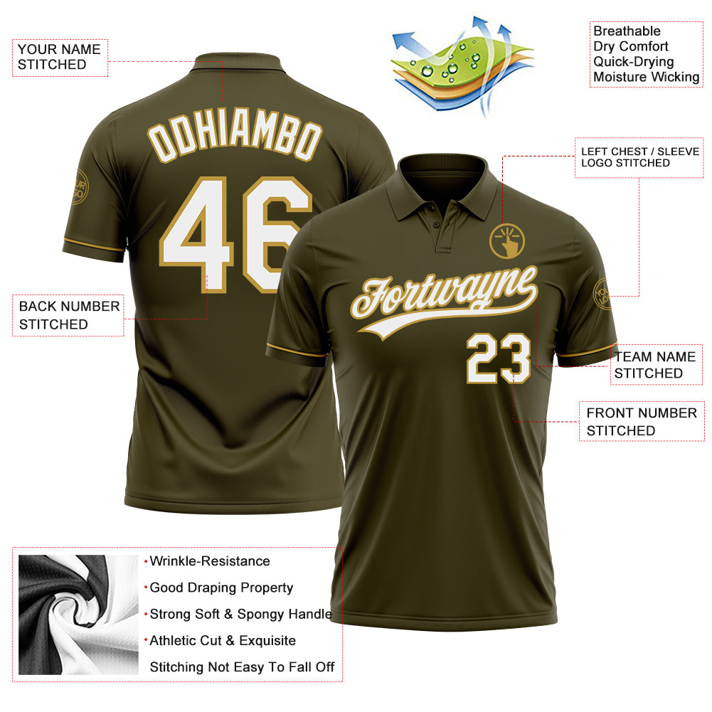 Personalized Olive White-Old Gold Performance Vapor Salute To Service Golf Polo Shirt Team Custom Name and Number Personalized Olive White-Old Gold Performance Vapor Salute To Service Golf Polo Shirt Team Custom Name and Number - Image 3