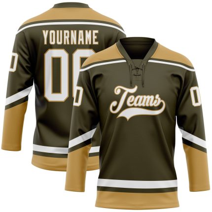 Personalized Olive White-Old Gold Salute To Service Hockey Lace Neck Jersey Team Custom Name and Number