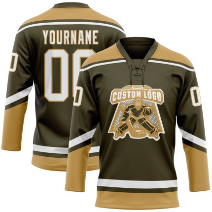 Personalized Olive White-Old Gold Salute To Service Hockey Lace Neck Jersey Team Custom Name and Number