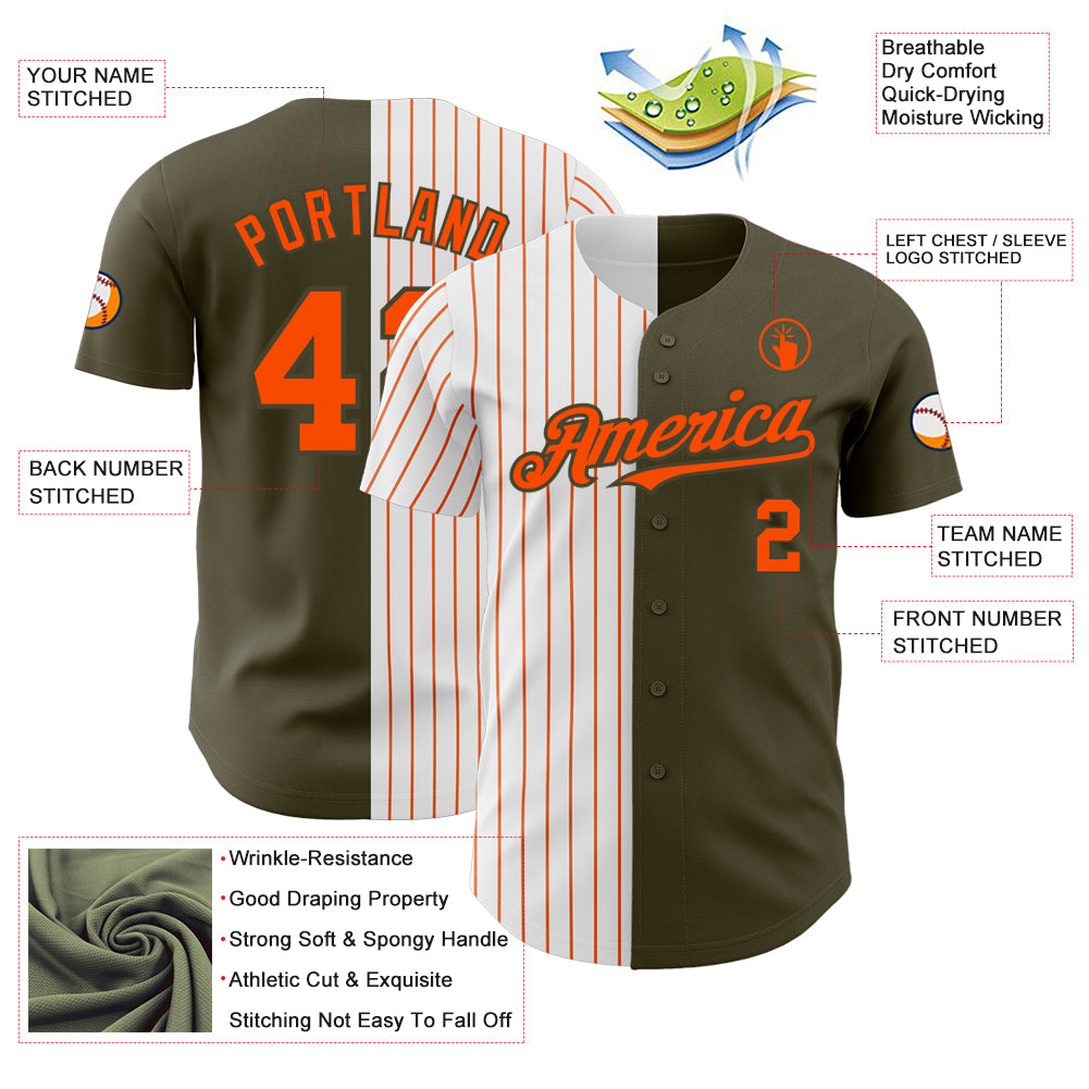 Personalized Olive White-Orange Pinstripe Authentic Split Fashion Salute To Service Baseball Jersey Team Custom Name and Number Personalized Olive White-Orange Pinstripe Authentic Split Fashion Salute To Service Baseball Jersey Team Custom Name and Number - Image 3