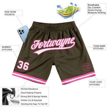 Personalized Olive White-Pink Authentic Throwback Salute To Service Basketball Shorts Team Custom Name and Number