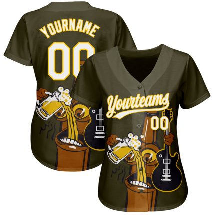 Personalized Olive White-Yellow 3D Pattern Design Beer And Music Authentic Baseball Jersey Team Custom Name and Number
