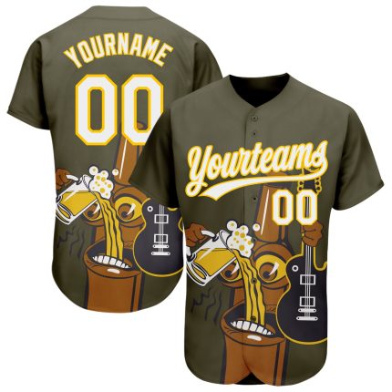 Personalized Olive White-Yellow 3D Pattern Design Beer And Music Authentic Baseball Jersey Team Custom Name and Number