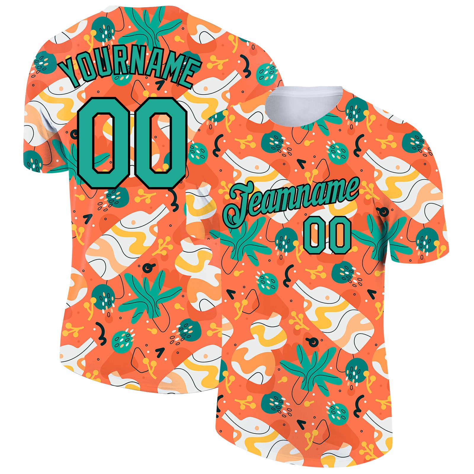 Personalized Orange Aqua-Black 3D Pattern Design Abstract Doodle Performance T-Shirt Team Custom Name and Number