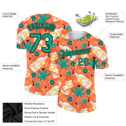 Personalized Orange Aqua-Black 3D Pattern Design Abstract Doodle Performance T-Shirt Team Custom Name and Number