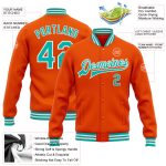 Personalized Orange Aqua-White Bomber Full-Snap Varsity Letterman Jacket Team Custom Name and Number
