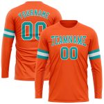 Personalized Orange Aqua-White Long Sleeve Performance T-Shirt Team Custom Name and Number