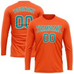 Personalized Orange Aqua-White Long Sleeve Performance T-Shirt Team Custom Name and Number