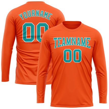 Personalized Orange Aqua-White Long Sleeve Performance T-Shirt Team Custom Name and Number