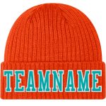 Personalized Orange Aqua-White Stitched Cuffed Knit Hat Team Custom Name and Number