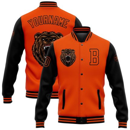 Personalized Orange Black 3D Pattern Design Bomber Full-Snap Varsity Letterman Jacket