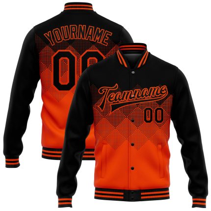 Personalized Orange Black 3D Pattern Design Bomber Full-Snap Varsity Letterman Jacket Team Custom Name and Number