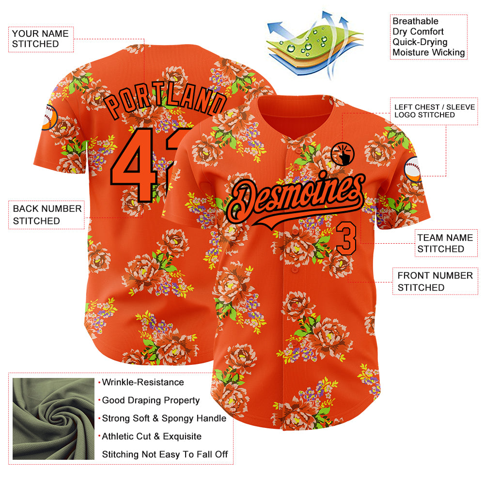 Personalized Orange Black 3D Pattern Design Northeast China Big Flower Authentic Baseball Jersey Team Custom Name and Number Personalized Orange Black 3D Pattern Design Northeast China Big Flower Authentic Baseball Jersey Team Custom Name and Number - Image 3