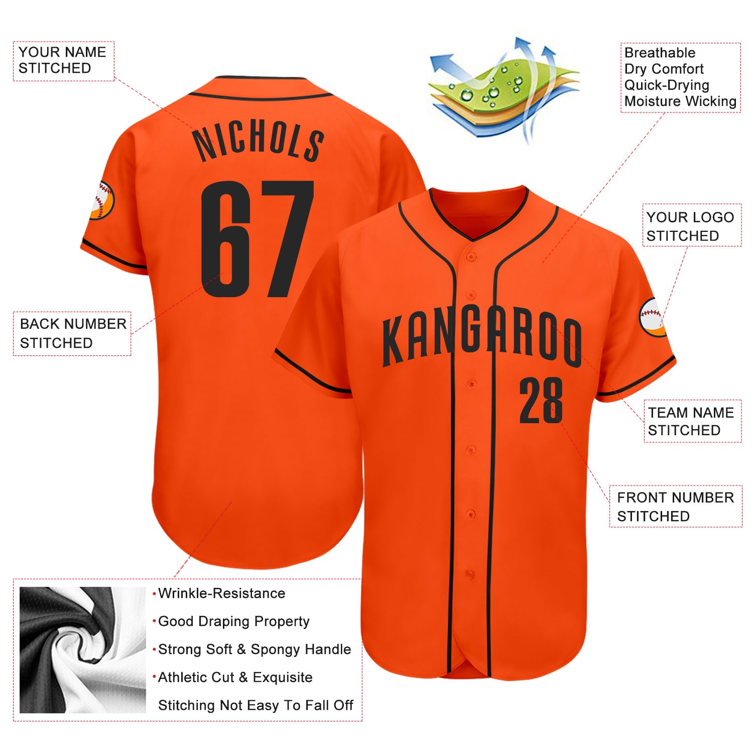 Personalized Orange Black Authentic Baseball Jersey Team Custom Name and Number Personalized Orange Black Authentic Baseball Jersey Team Custom Name and Number - Image 3
