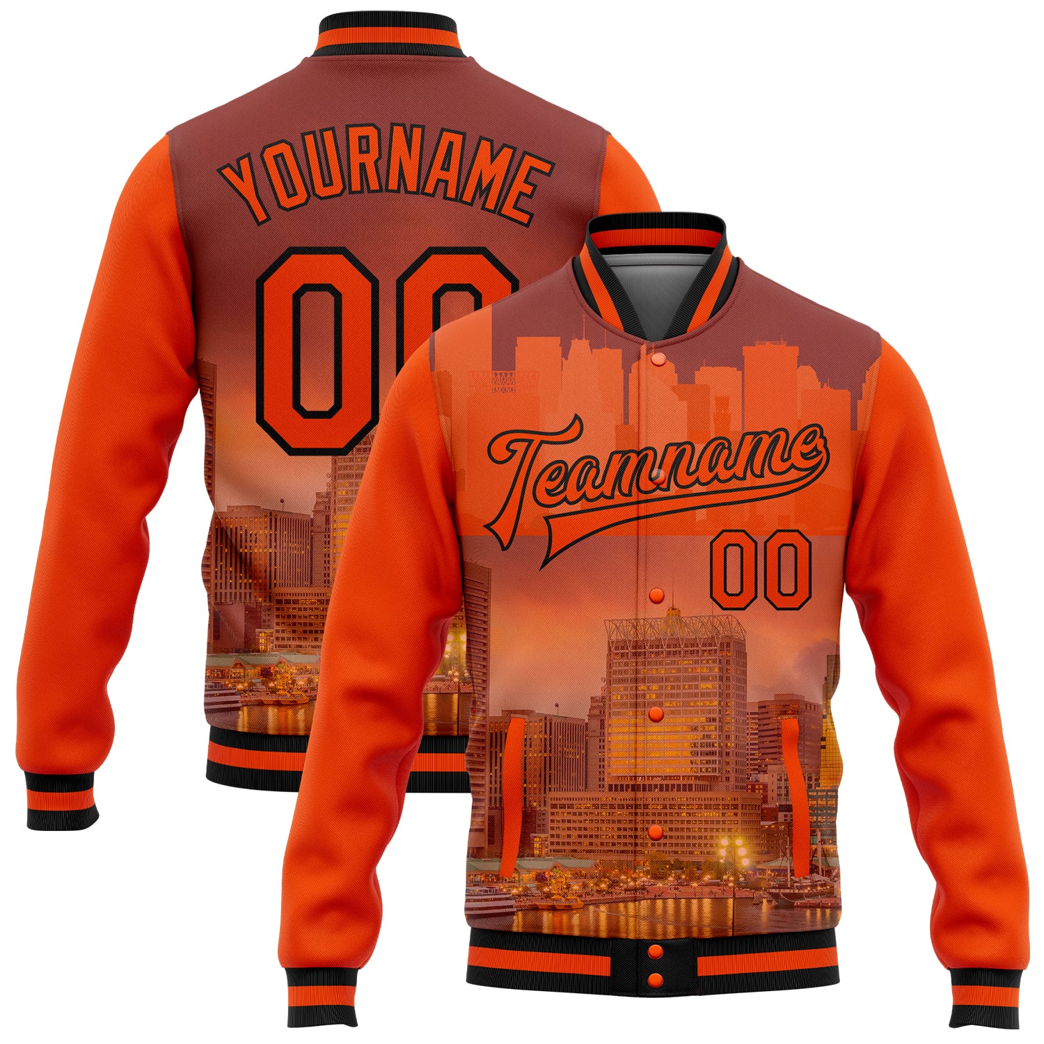 Personalized Orange Black Baltimore Inner Harbor Baltimore Maryland City Edition 3D Bomber Full-Snap Varsity Letterman Jacket Team Custom Name and Number