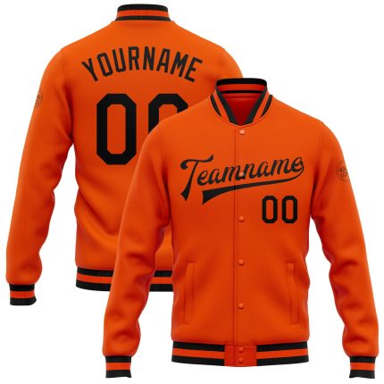 Personalized Orange Black Bomber Full-Snap Varsity Letterman Jacket Team Custom Name and Number