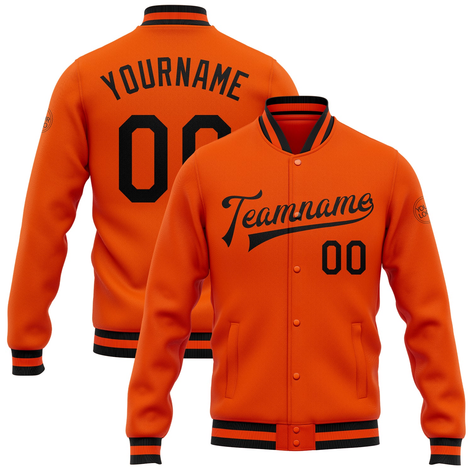Personalized Orange Black Bomber Full-Snap Varsity Letterman Jacket Team Custom Name and Number