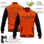 Personalized Orange Black Bomber Full-Snap Varsity Letterman Two Tone Jacket Team Custom Name and Number