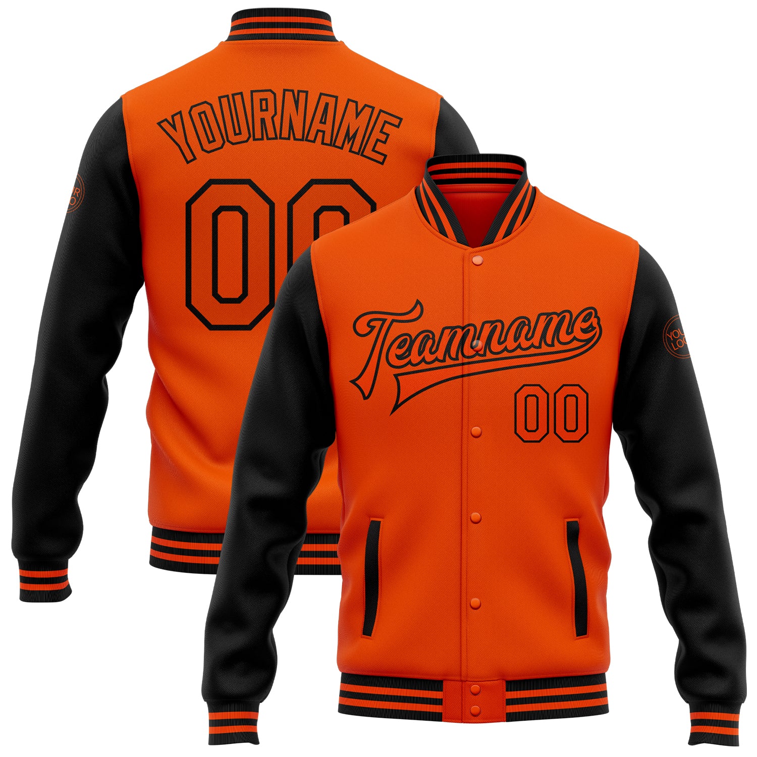 Personalized Orange Black Bomber Full-Snap Varsity Letterman Two Tone Jacket Team Custom Name and Number