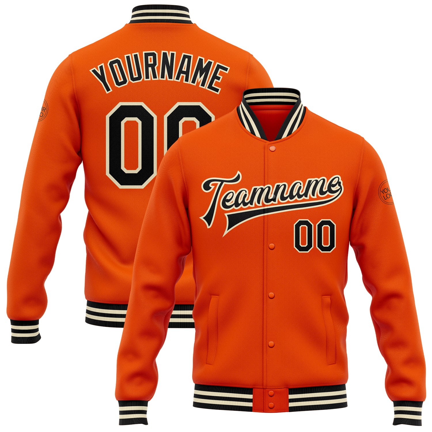 Personalized Orange Black-Cream Bomber Full-Snap Varsity Letterman Jacket Team Custom Name and Number