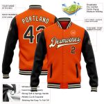 Personalized Orange Black-Cream Bomber Full-Snap Varsity Letterman Two Tone Jacket Team Custom Name and Number
