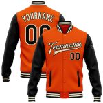 Personalized Orange Black-Cream Bomber Full-Snap Varsity Letterman Two Tone Jacket Team Custom Name and Number