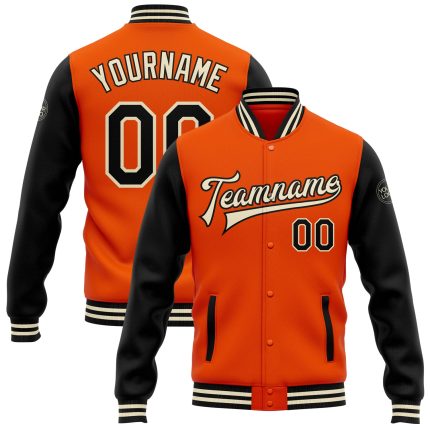 Personalized Orange Black-Cream Bomber Full-Snap Varsity Letterman Two Tone Jacket Team Custom Name and Number