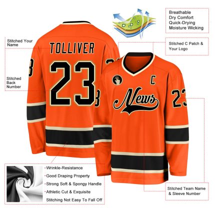 Personalized Orange Black-Cream Hockey Jersey Team Custom Name and Number