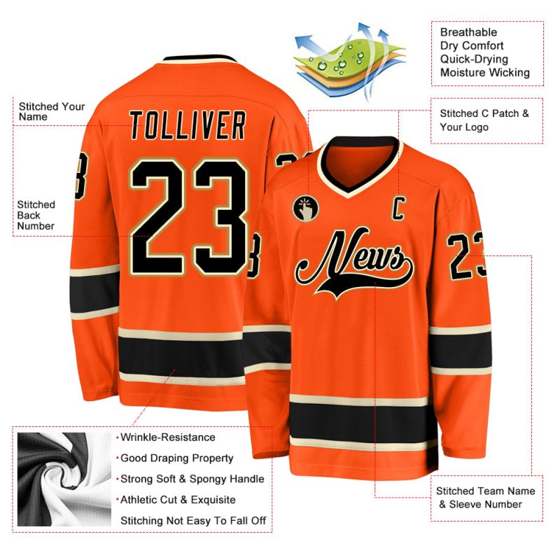 Personalized Orange Black-Cream Hockey Jersey Team Custom Name and Number