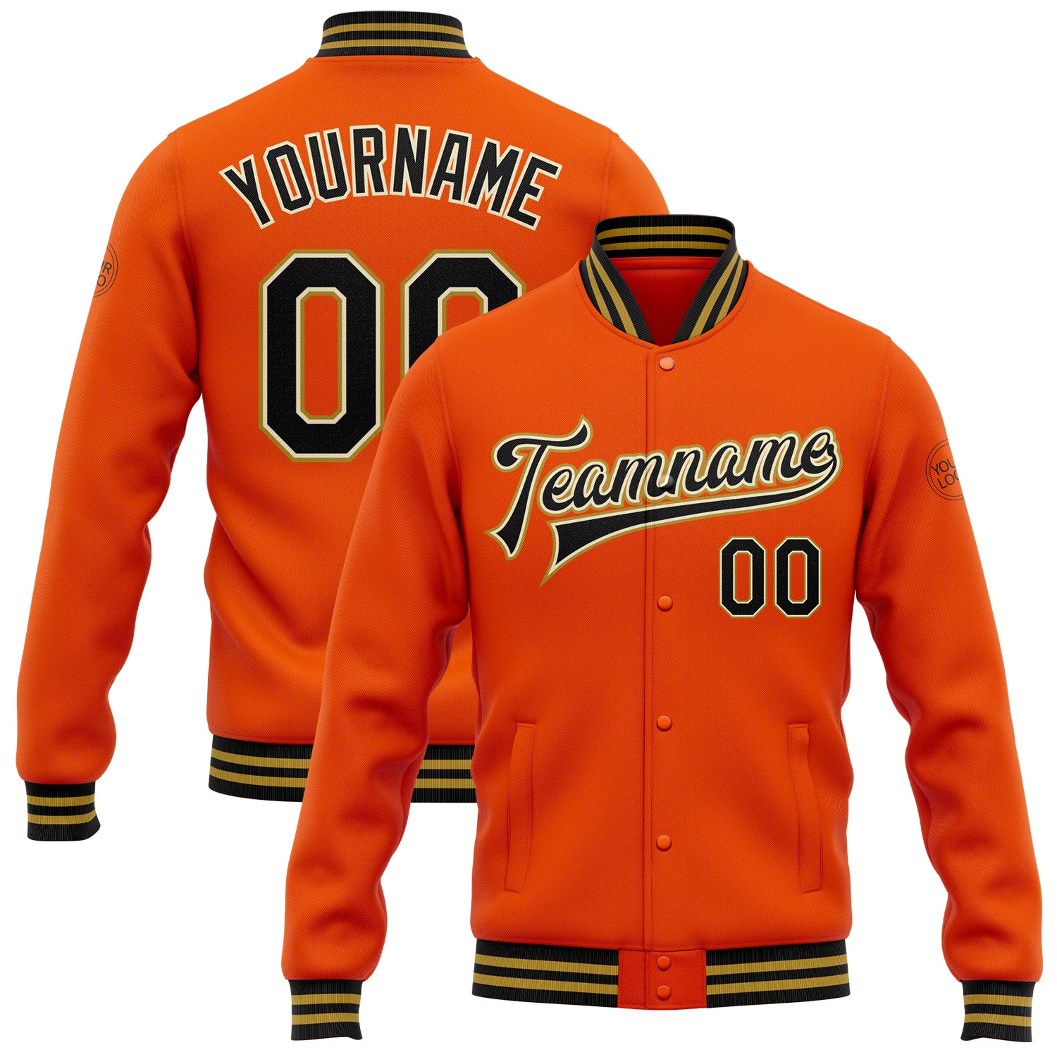 Personalized Orange Black Cream-Old Gold Bomber Full-Snap Varsity Letterman Jacket Team Custom Name and Number