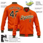 Personalized Orange Black Cream-Old Gold Bomber Full-Snap Varsity Letterman Jacket Team Custom Name and Number