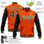 Personalized Orange Black Cream-Old Gold Bomber Full-Snap Varsity Letterman Two Tone Jacket Team Custom Name and Number