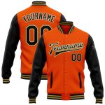 Personalized Orange Black Cream-Old Gold Bomber Full-Snap Varsity Letterman Two Tone Jacket Team Custom Name and Number