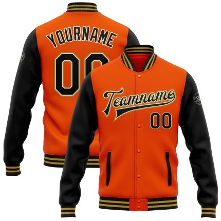 Personalized Orange Black Cream-Old Gold Bomber Full-Snap Varsity Letterman Two Tone Jacket Team Custom Name and Number