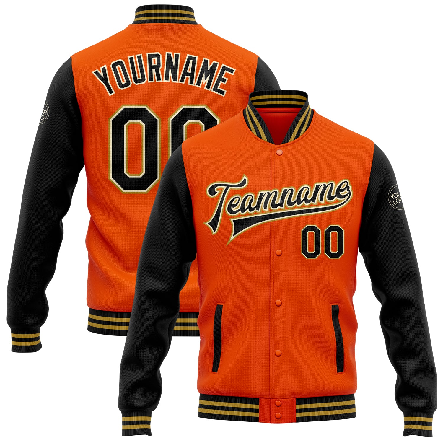 Personalized Orange Black Cream-Old Gold Bomber Full-Snap Varsity Letterman Two Tone Jacket Team Custom Name and Number