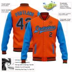 Personalized Orange Black-Electric Blue Bomber Full-Snap Varsity Letterman Two Tone Jacket Team Custom Name and Number