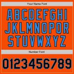 Personalized Orange Black-Electric Blue Bomber Full-Snap Varsity Letterman Two Tone Jacket Team Custom Name and Number
