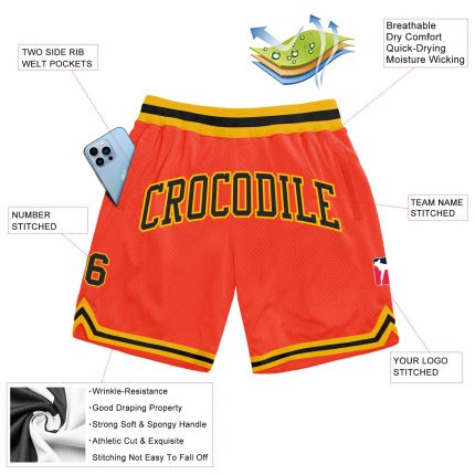 Personalized Orange Black-Gold Authentic Throwback Basketball Shorts Team Custom Name and Number