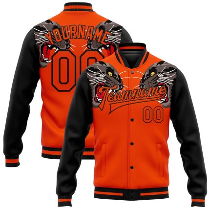 Personalized Orange Black Leopard 3D Pattern Design Bomber Full-Snap Varsity Letterman Jacket Team Custom Name and Number