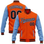 Personalized Orange Black-Light Blue Bomber Full-Snap Varsity Letterman Two Tone Jacket Team Custom Name and Number