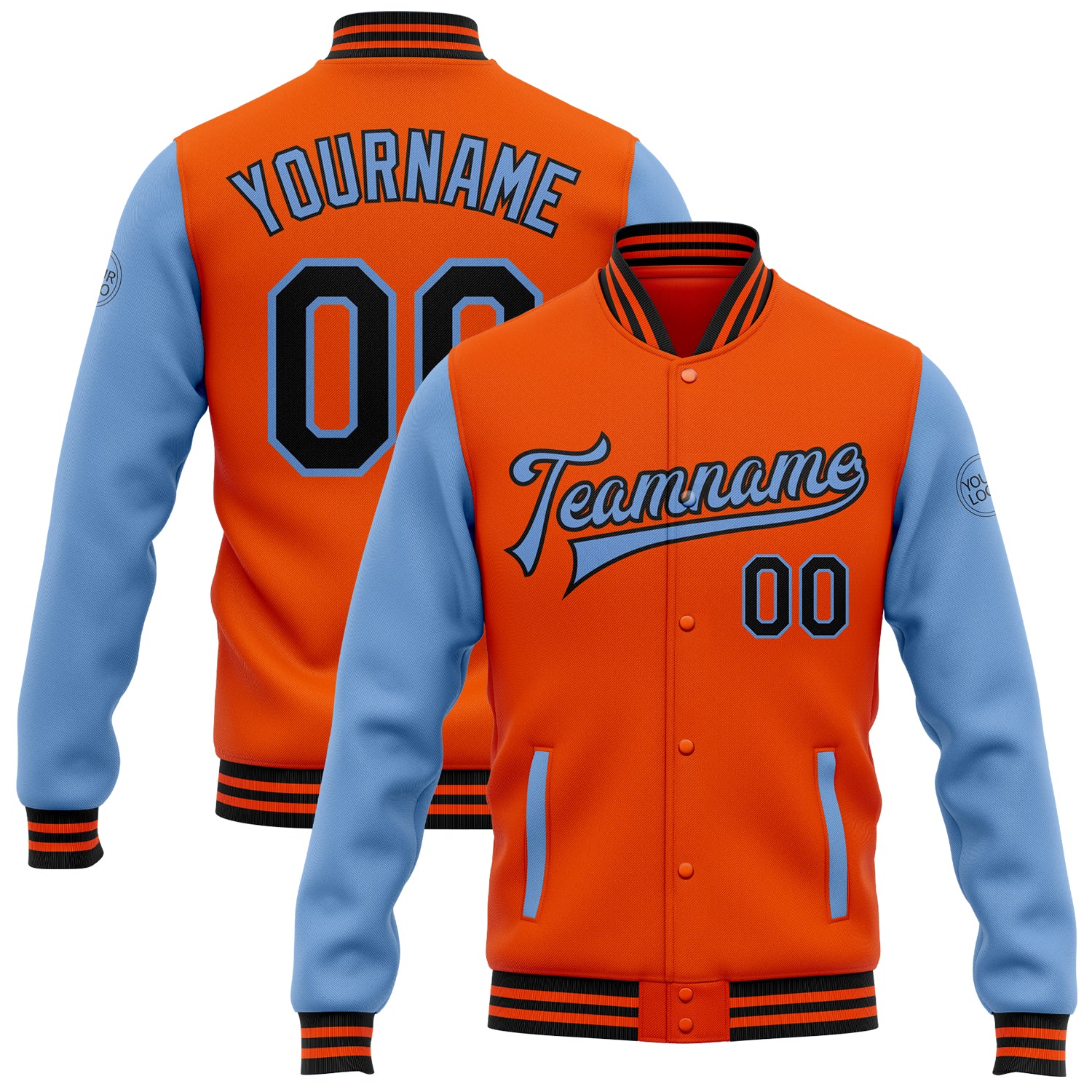 Personalized Orange Black-Light Blue Bomber Full-Snap Varsity Letterman Two Tone Jacket Team Custom Name and Number