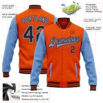 Personalized Orange Black-Light Blue Bomber Full-Snap Varsity Letterman Two Tone Jacket Team Custom Name and Number