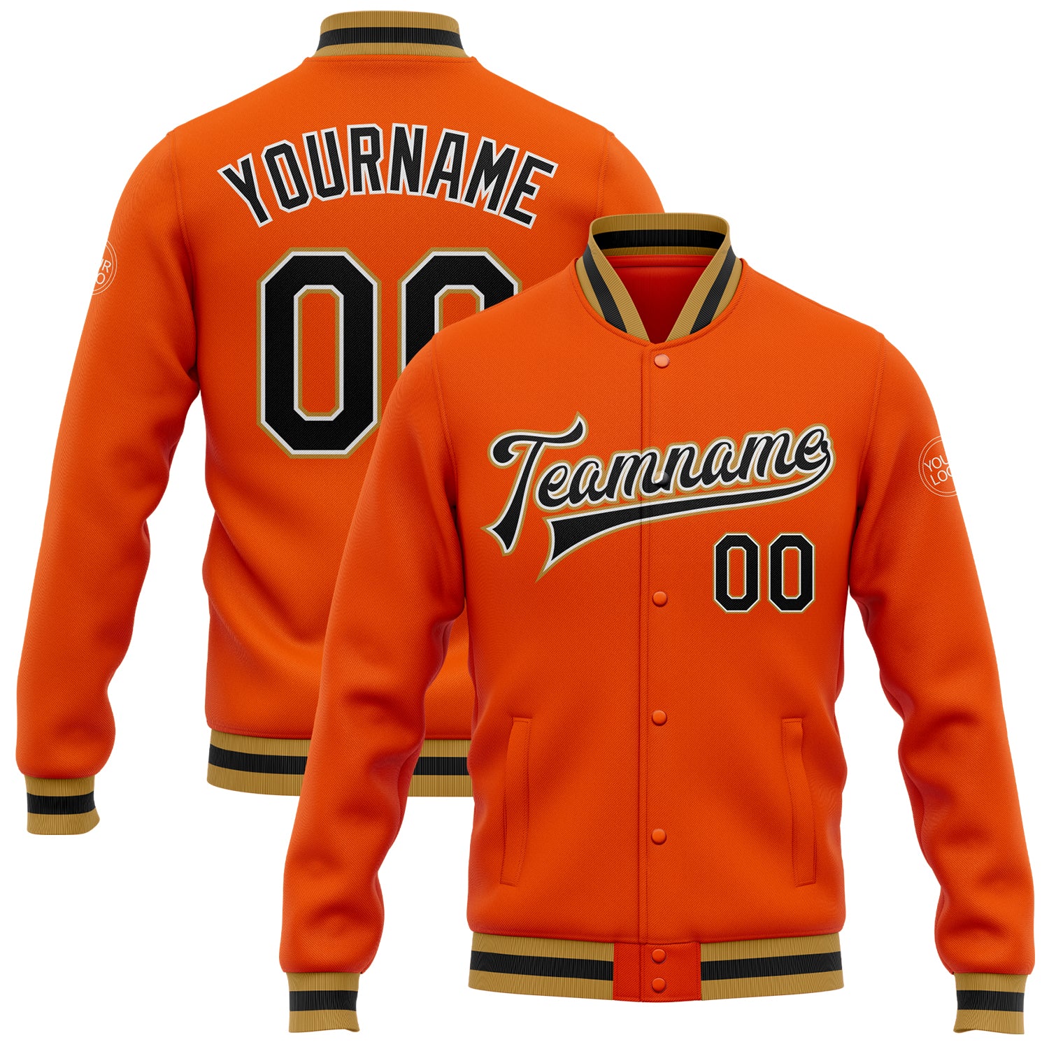 Personalized Orange Black-Old Gold Bomber Full-Snap Varsity Letterman Jacket Team Custom Name and Number